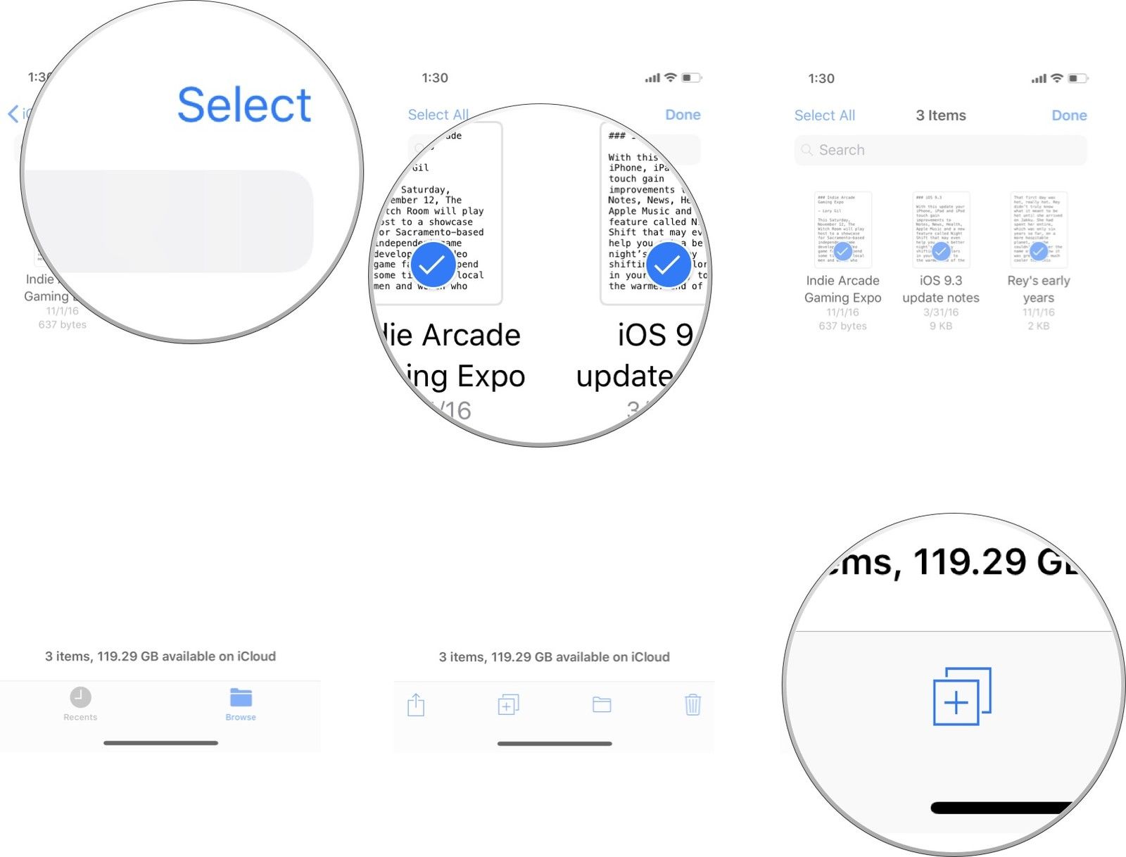 нажмите на Выбрать, затем выберите файлы, затем нажмите значок Копировать