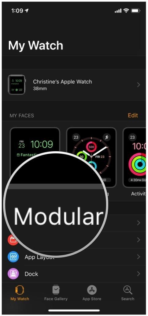 iOS 12 Watch App, мои лица, модульная