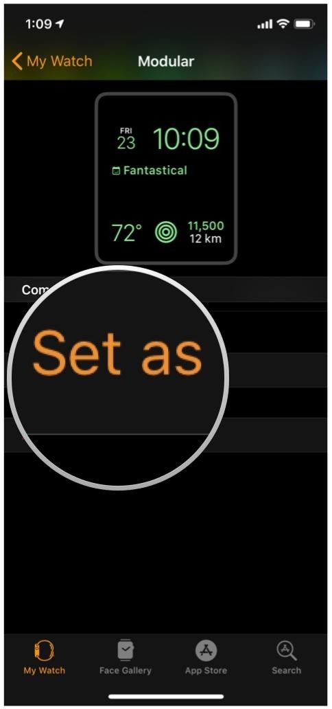 iOS 12 Приложение для часов, Модульное, Установить как циферблат