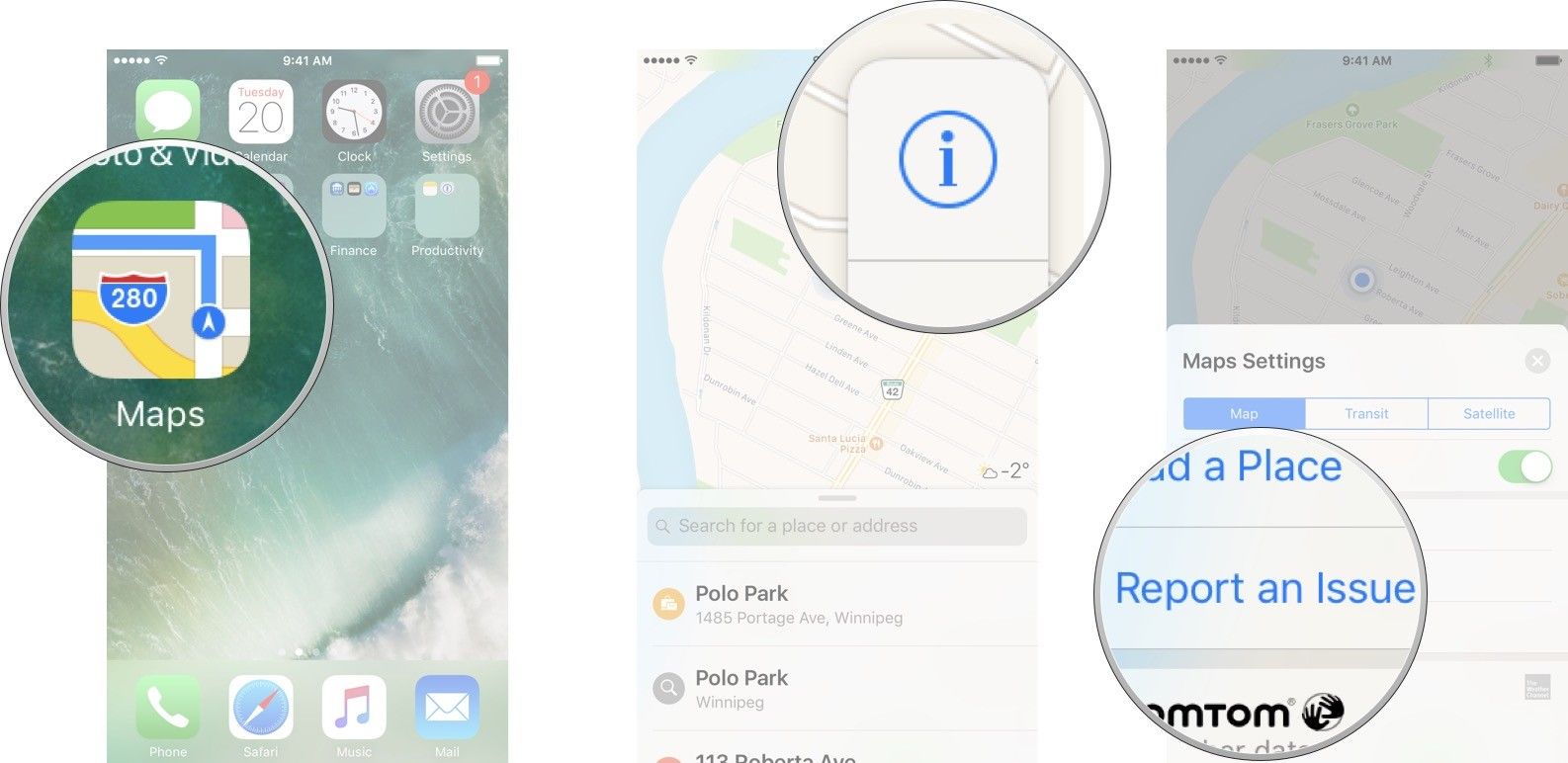 Запустите карты на главном экране, нажмите кнопку «Информация», а затем нажмите «Сообщить о проблеме».
