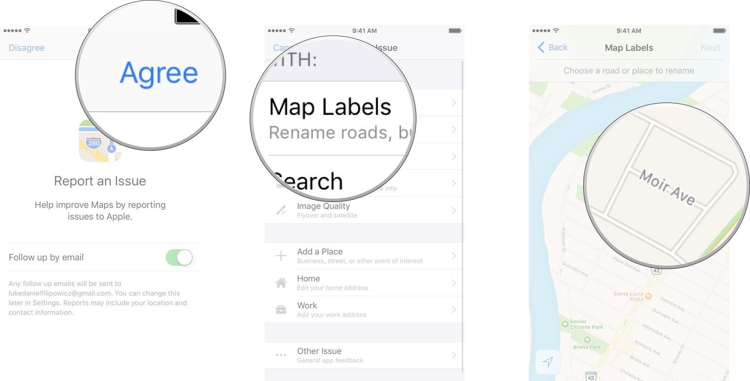Нажмите «Согласен», нажмите на проблему, о которой вы хотите сообщить, а затем нажмите на дорогу или местоположение, о котором вы хотите сообщить.