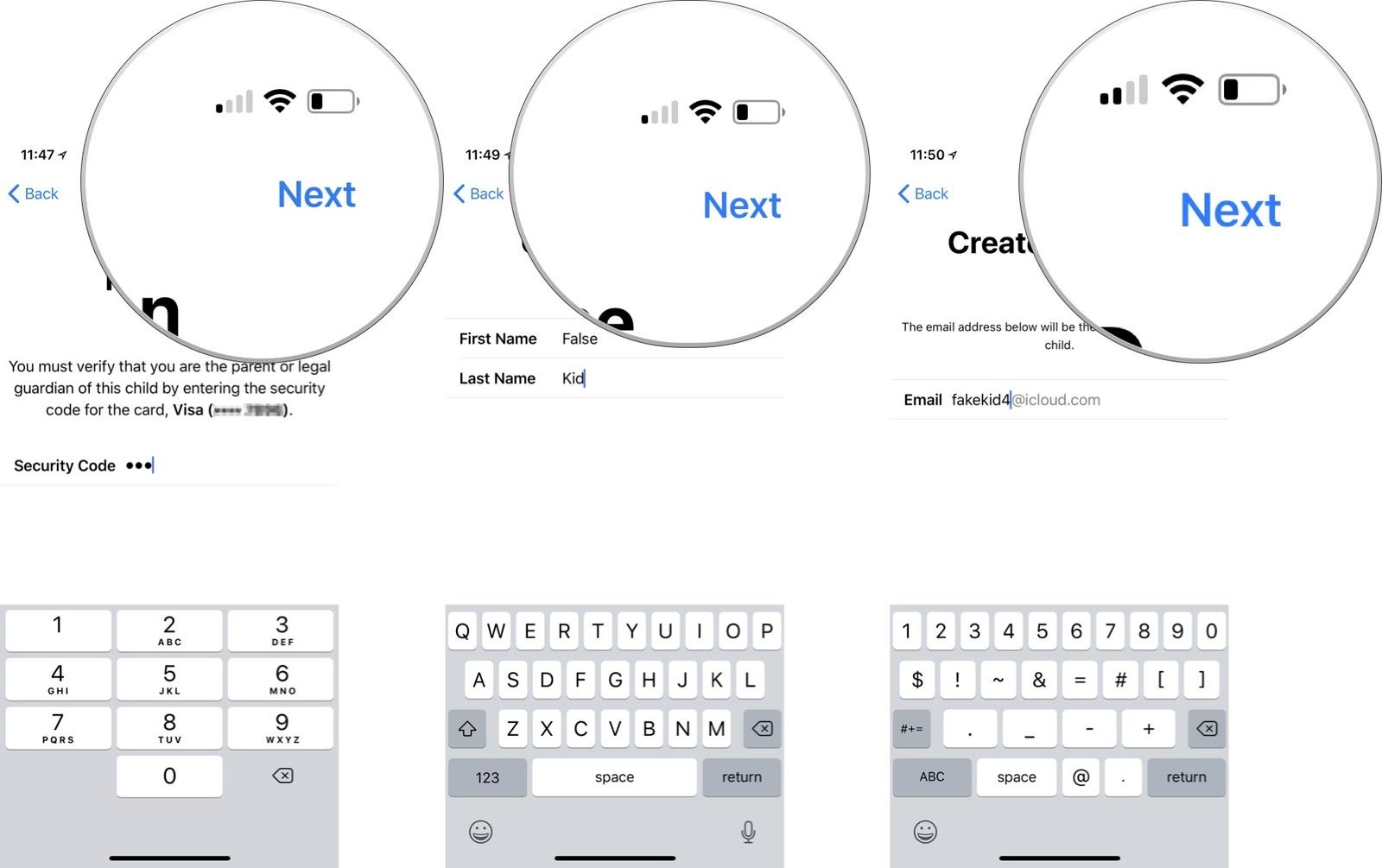 Введите код безопасности вашей кредитной карты, затем нажмите «Далее», введите вашего ребенка's name, then tap Next, Enter an Apple ID address, then tap Next