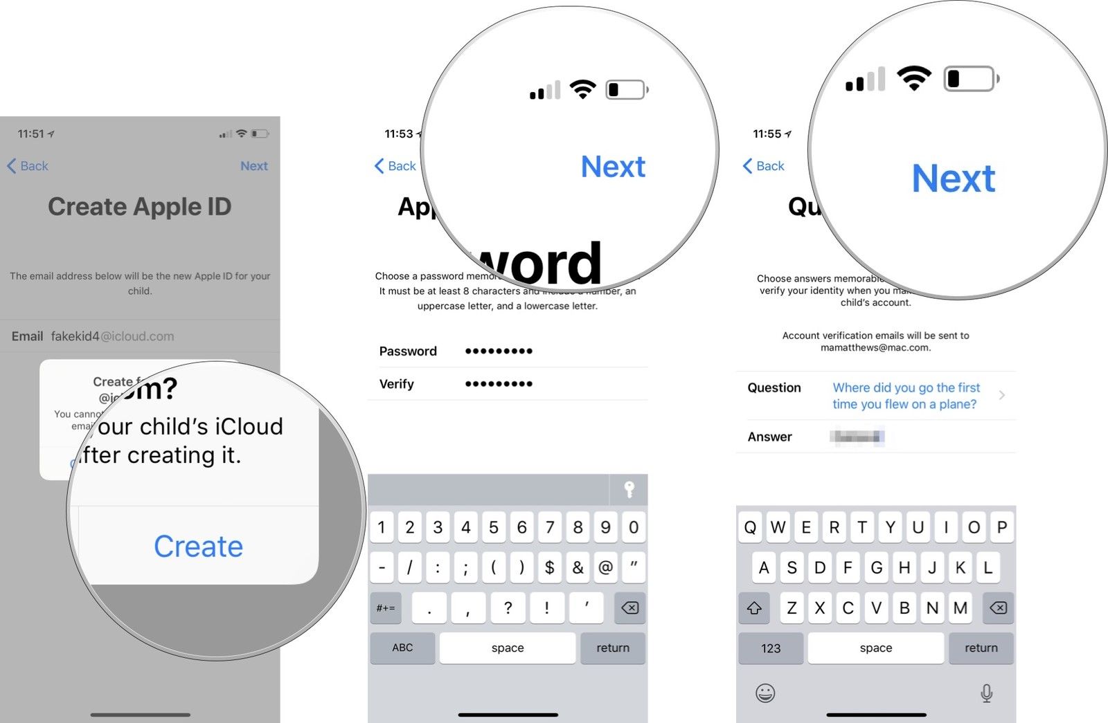 Нажмите «Создать», затем введите пароль для учетной записи, нажмите «Далее», введите секретный вопрос и ответ, а затем нажмите «Далее».