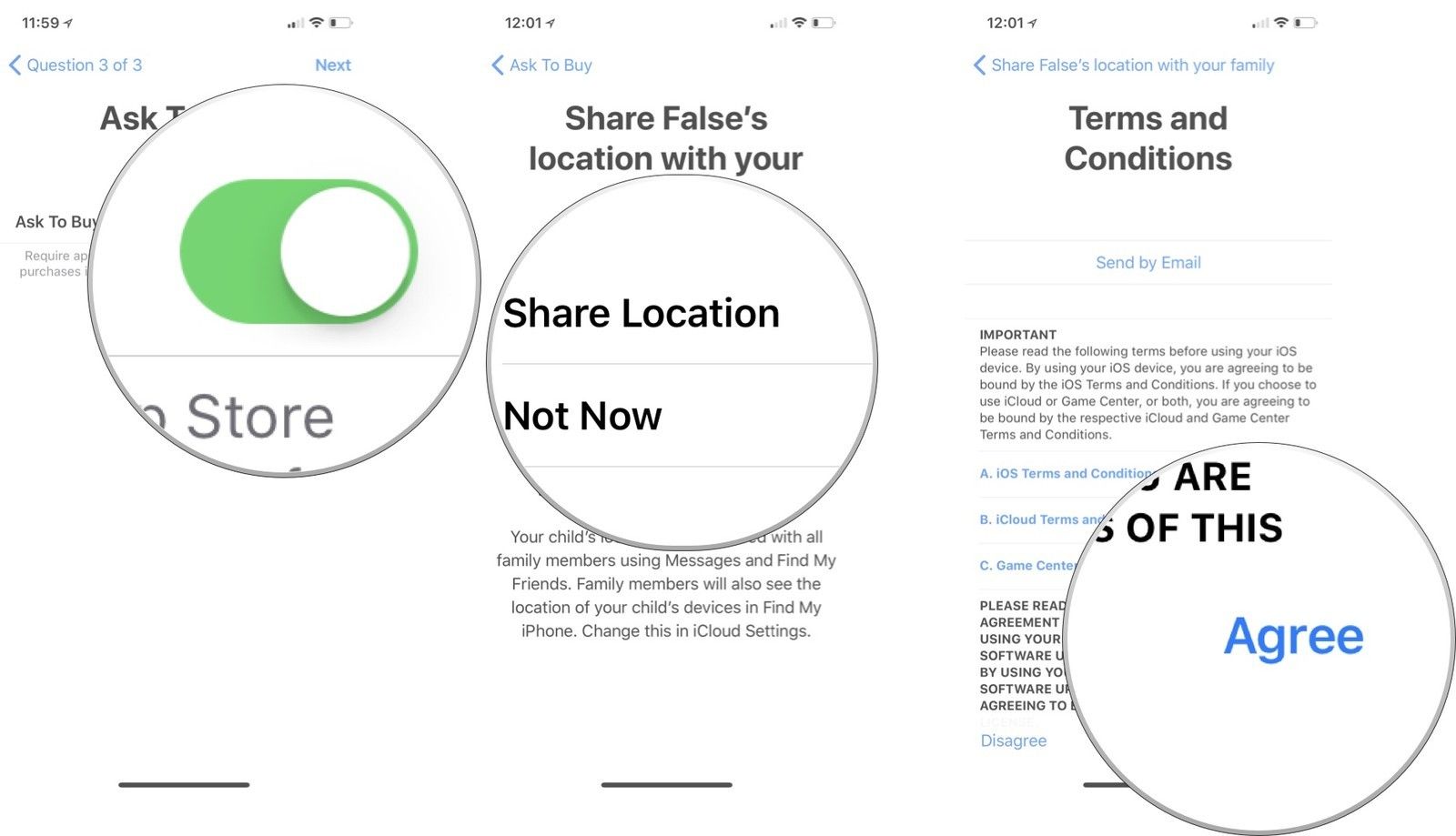 Включите «Спросить о покупке», нажмите «Поделиться местоположением» и согласитесь с условиями использования iCloud и Game Center