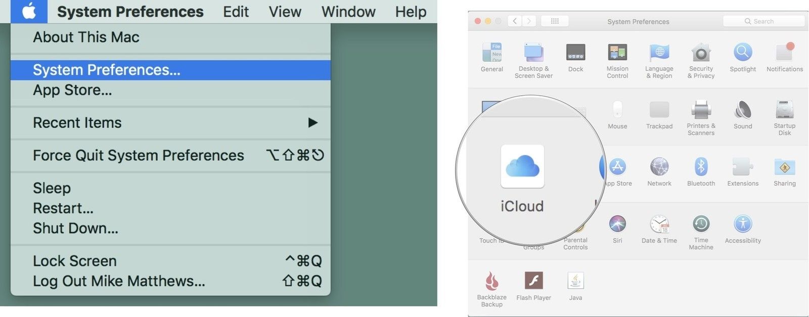 Выберите Системные настройки, затем нажмите на iCloud