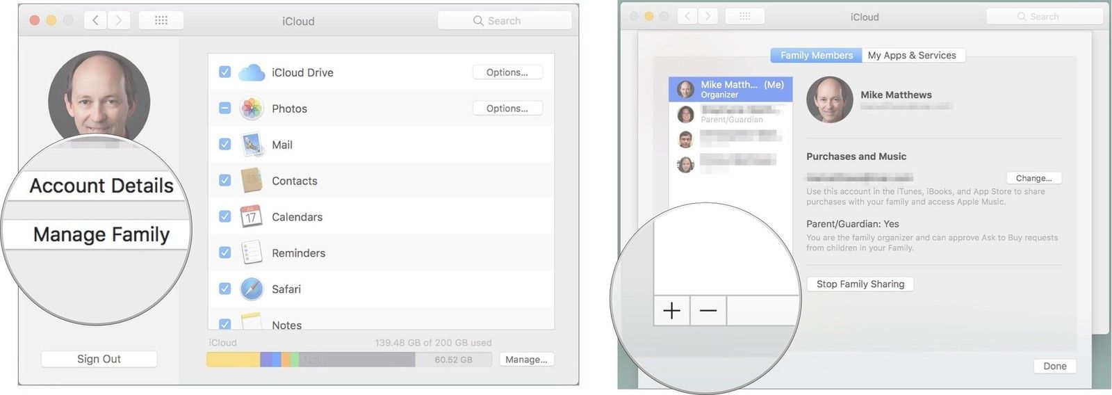Нажмите «Управление семейством», затем нажмите кнопку «Добавить»