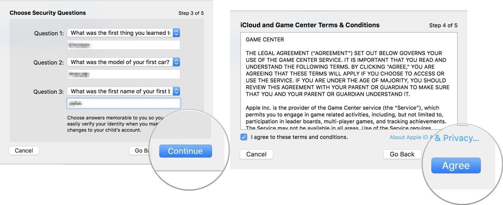 Введите свои вопросы безопасности и ответы, затем нажмите «Продолжить», затем согласитесь с Apple's T&C, then click Continue