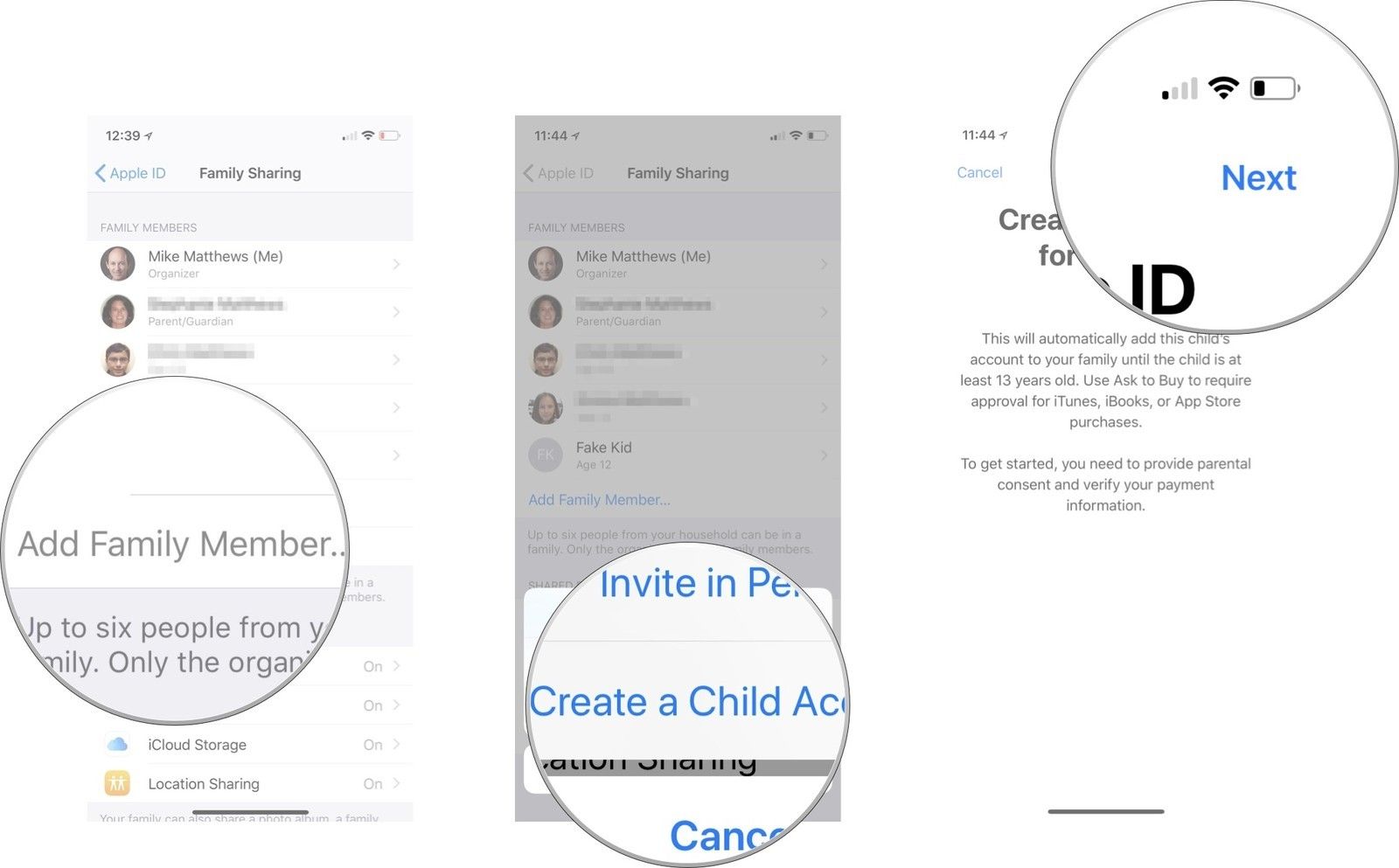Нажмите «Добавить члена семьи», затем нажмите «Создать дочернюю учетную запись», затем нажмите «Далее».