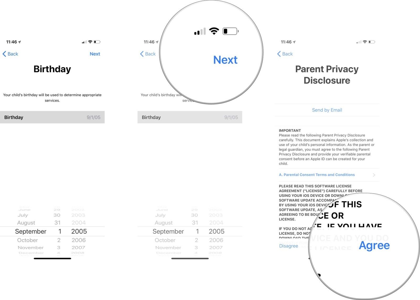 Введите ребенка's birthday, then tap Next, then tap Agree