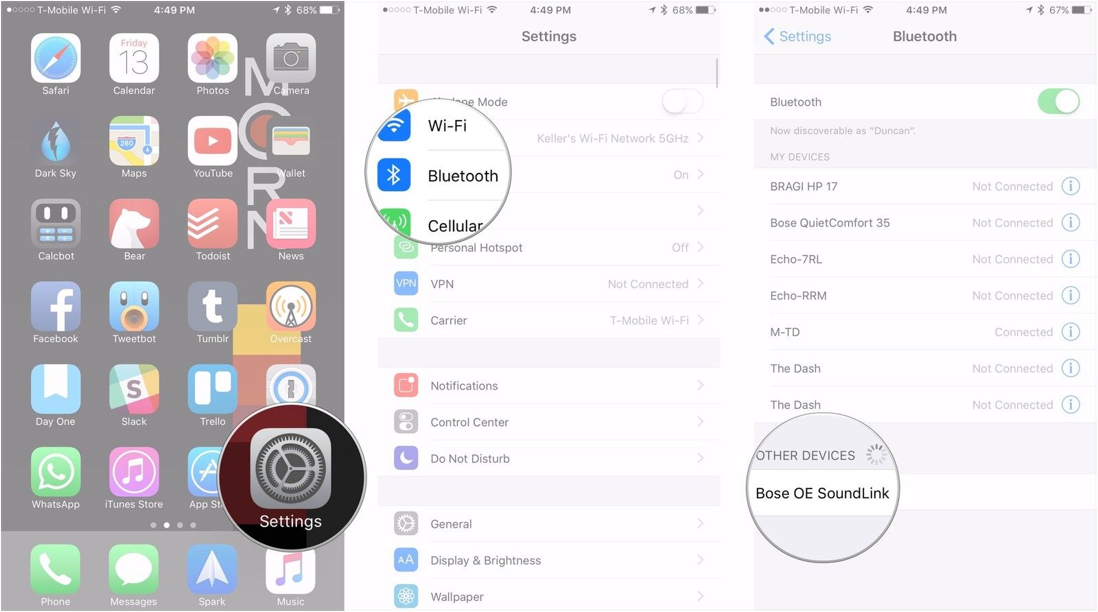Откройте Настройки, нажмите Bluetooth, нажмите имя устройства