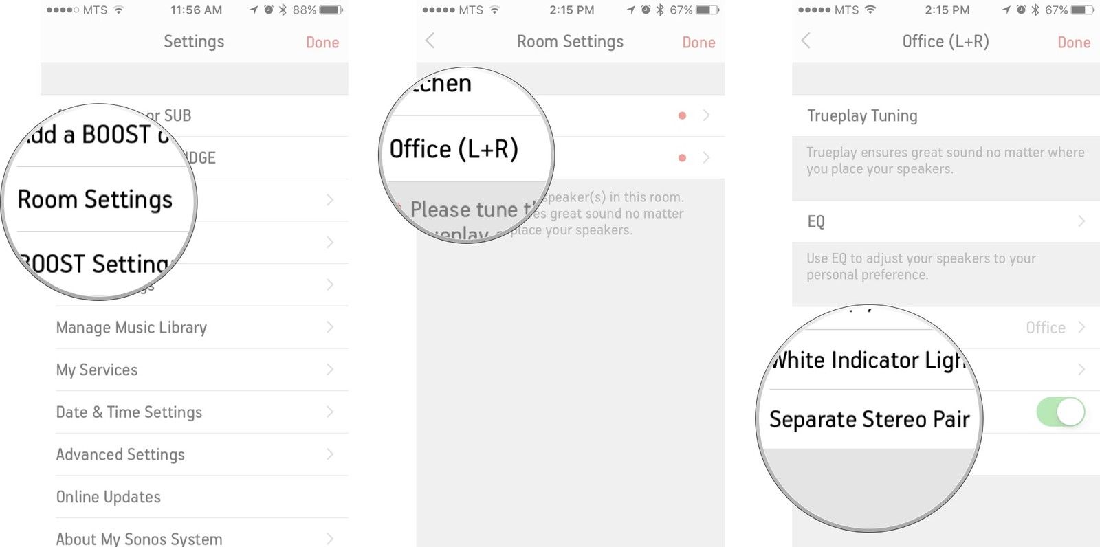 Нажмите на настройки комнаты, нажмите на название колонок, которые вы хотите разделить, а затем нажмите кнопку «Отдельная стереопара».