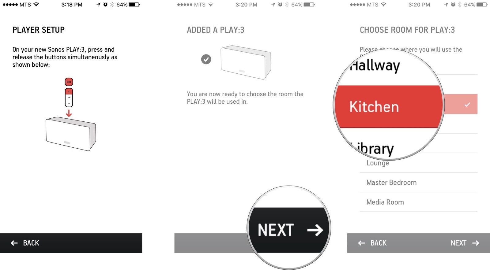 Нажмите кнопку Mute / Play / Pause и кнопку увеличения громкости одновременно, нажмите на следующую кнопку, затем выберите комнату.
