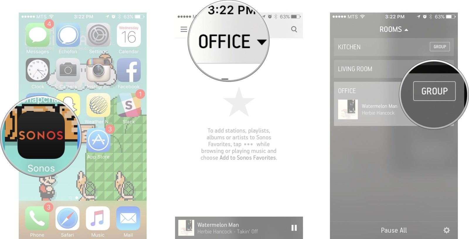 Запустите приложение Donos Controller, нажмите на динамик, которым вы в данный момент управляете, нажмите кнопку группы.