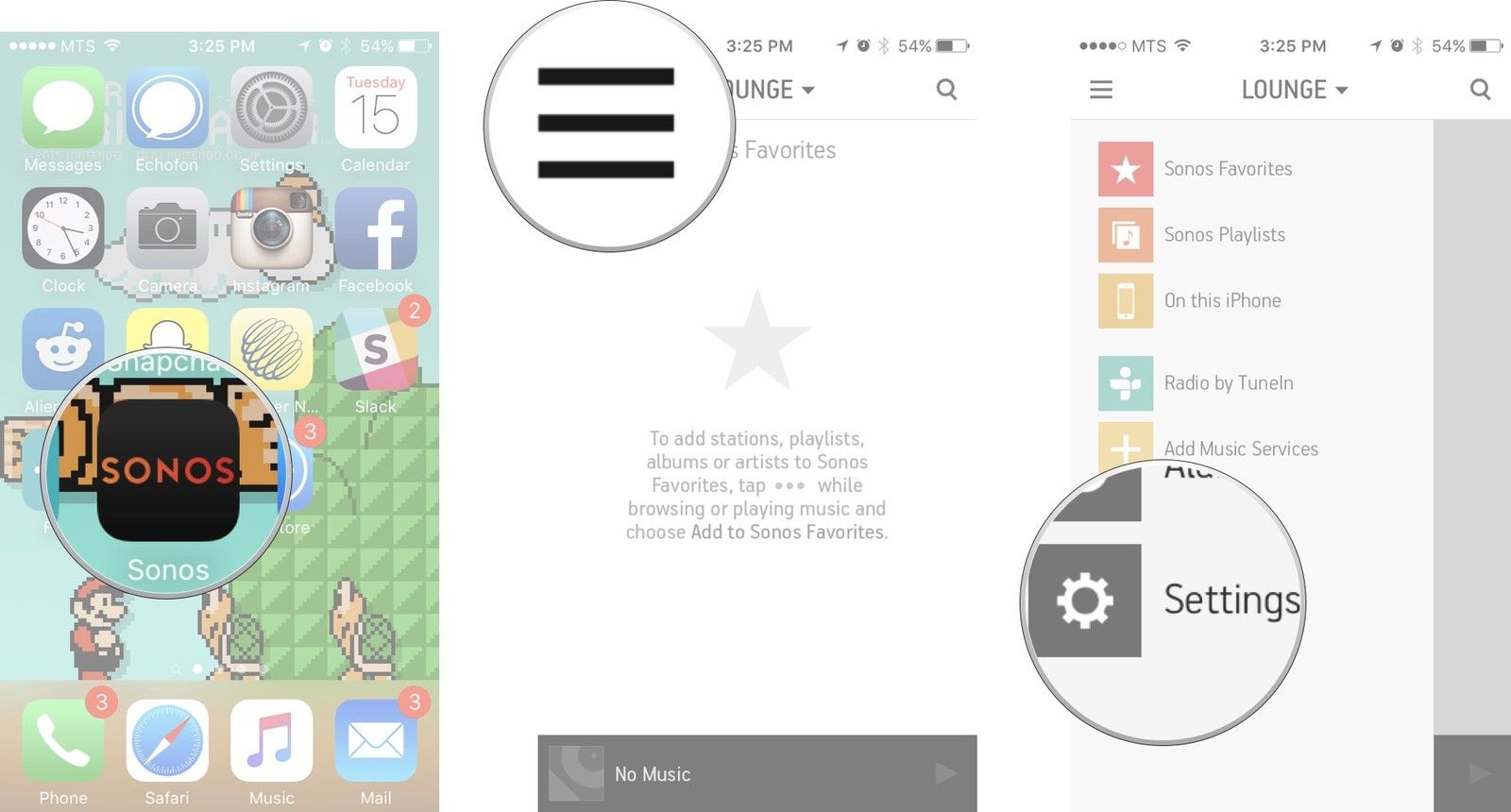 Запустите приложение Sonos Controller, нажмите кнопку меню в верхнем левом углу, а затем нажмите кнопку настроек.