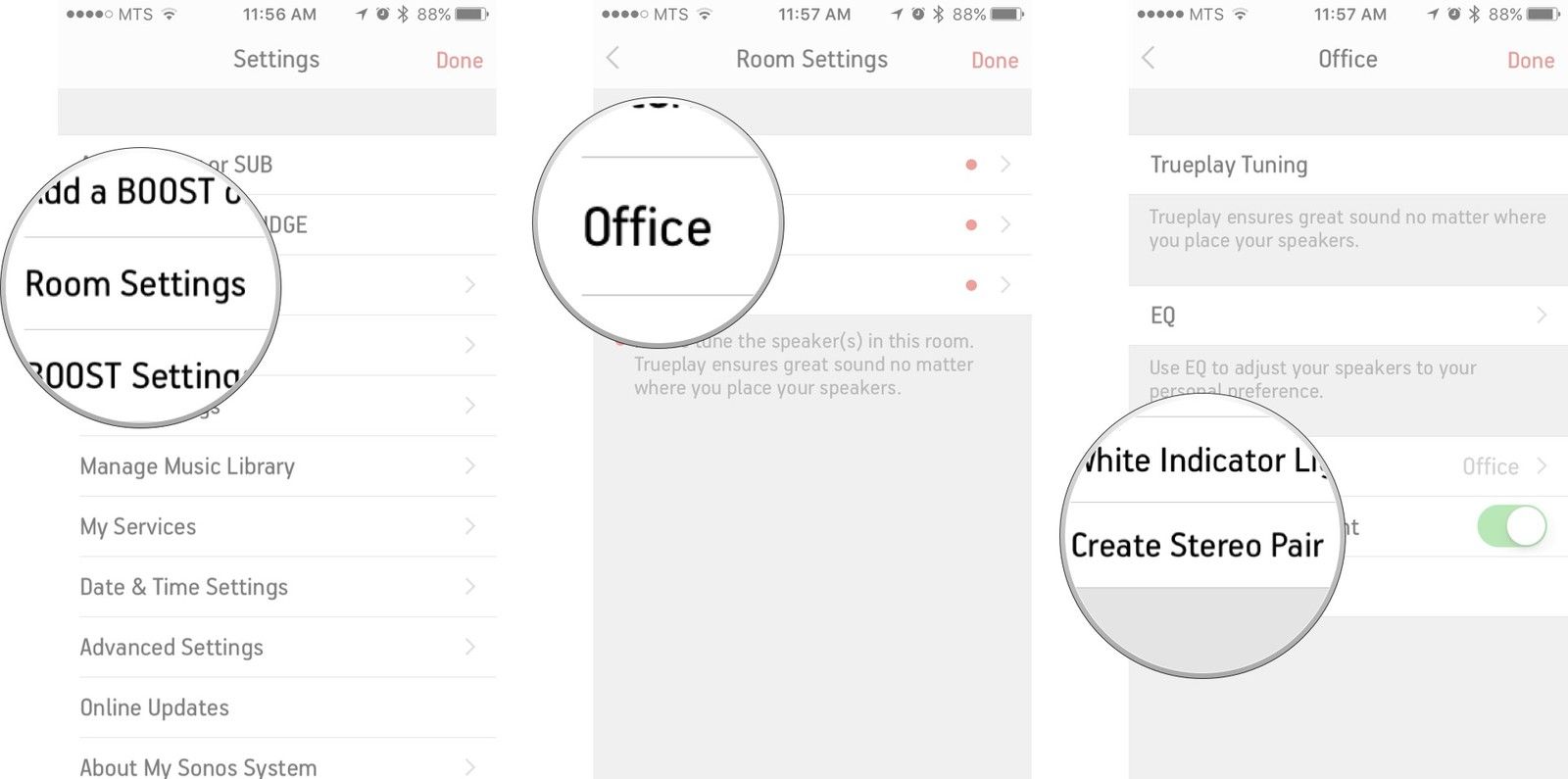 Нажмите на настройки комнаты, нажмите на комнату, в которой вы хотите создать стереопару, а затем нажмите кнопку «Создать стереопару».