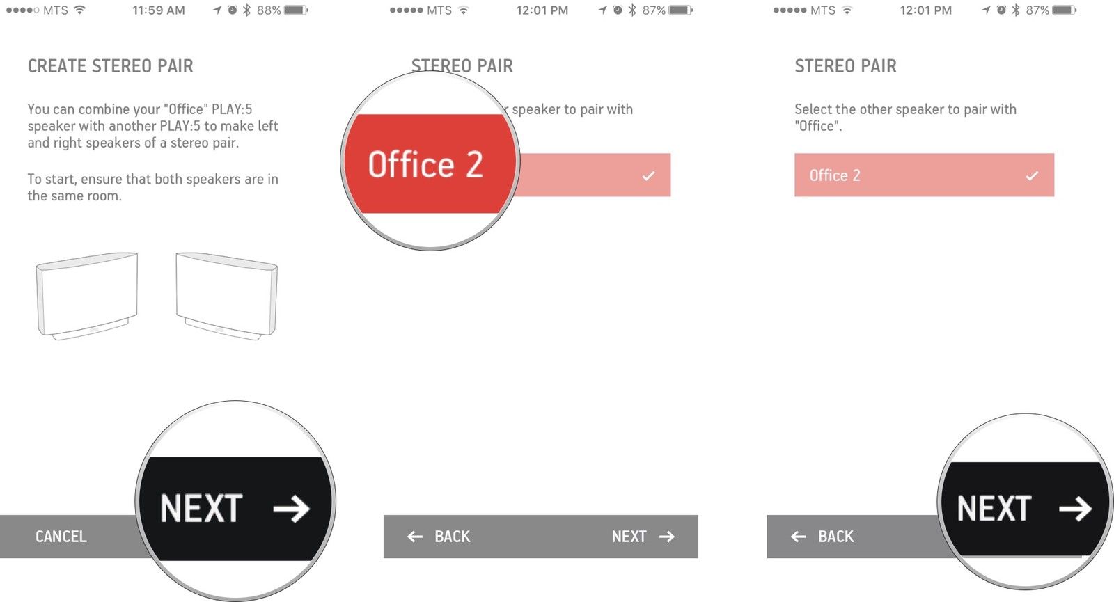 Нажмите на следующую кнопку, нажмите на название динамика, с которым вы хотите выполнить сопряжение, и снова нажмите следующую кнопку.