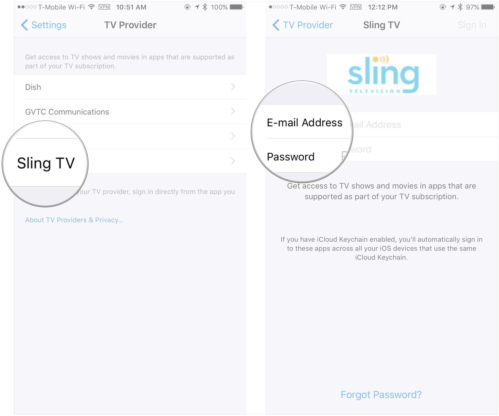 Выберите учетную запись, введите учетные данные