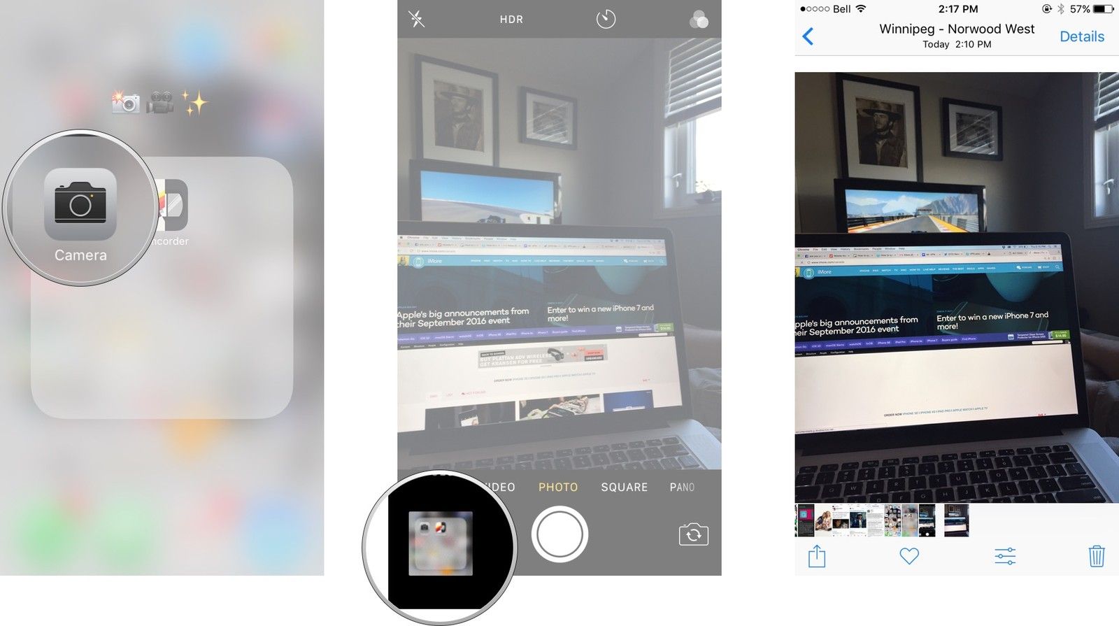 Запустите камеру, нажмите на миниатюру, выберите действие