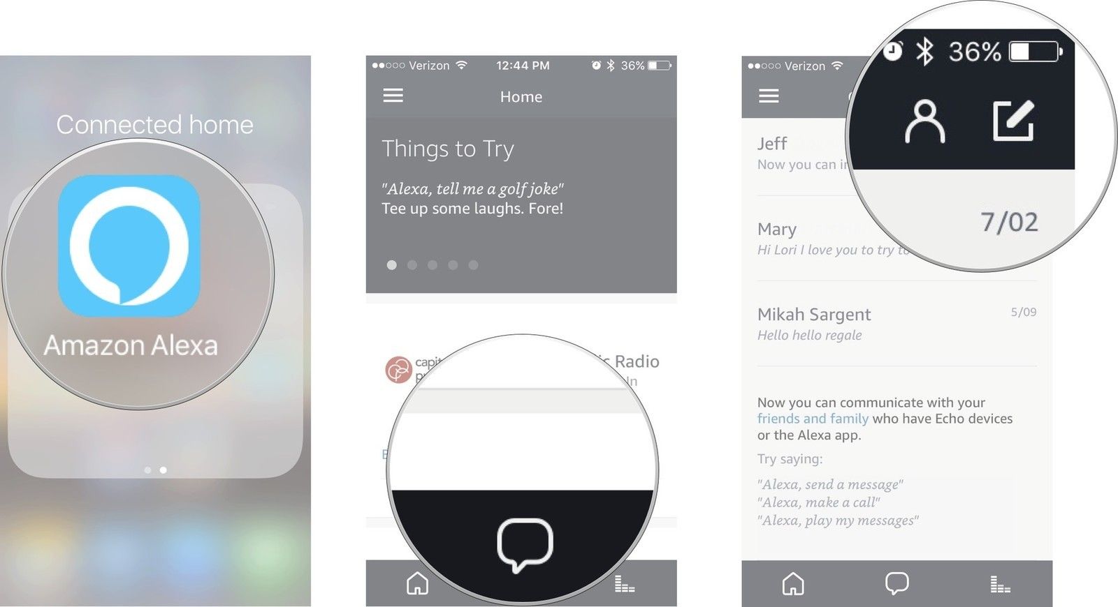 Откройте Alexa, нажмите «Разговоры», затем нажмите «Контакты»