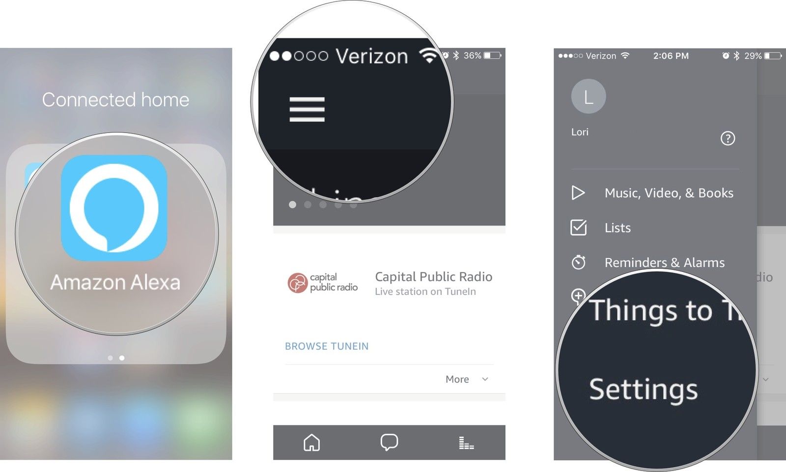 Откройте Alexa, затем нажмите значок меню, затем нажмите Настройки