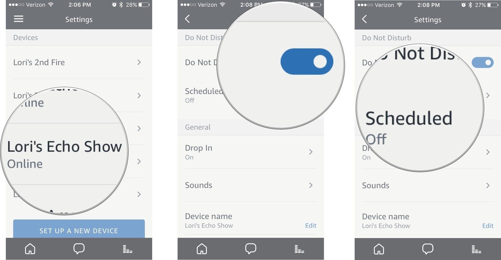 Нажмите свое эхо-устройство, затем включите режим «Не беспокоить» или нажмите «Запланировано»