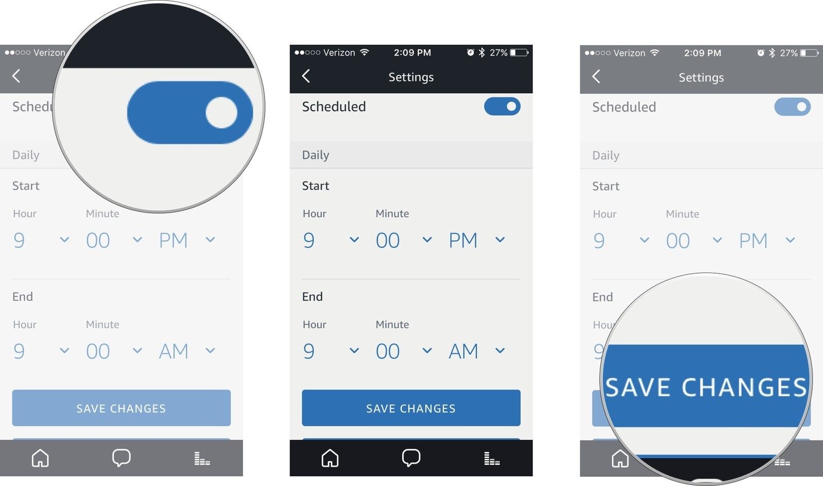 Включите «Запланировано», затем нажмите «Изменить», затем измените время, затем нажмите «Сохранить изменения».