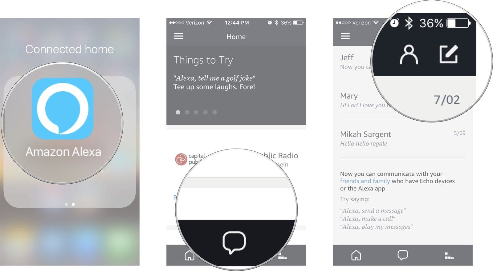 Откройте Alexa, затем нажмите «Беседы», затем нажмите «Контакты»