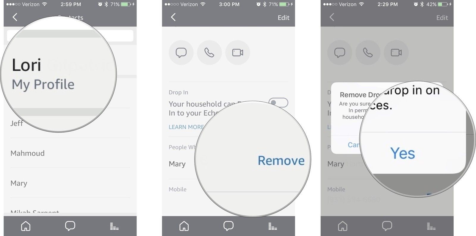 Нажмите на свой профиль, затем нажмите «Удалить» рядом с именем, которое хотите удалить, затем нажмите «Да» для подтверждения.