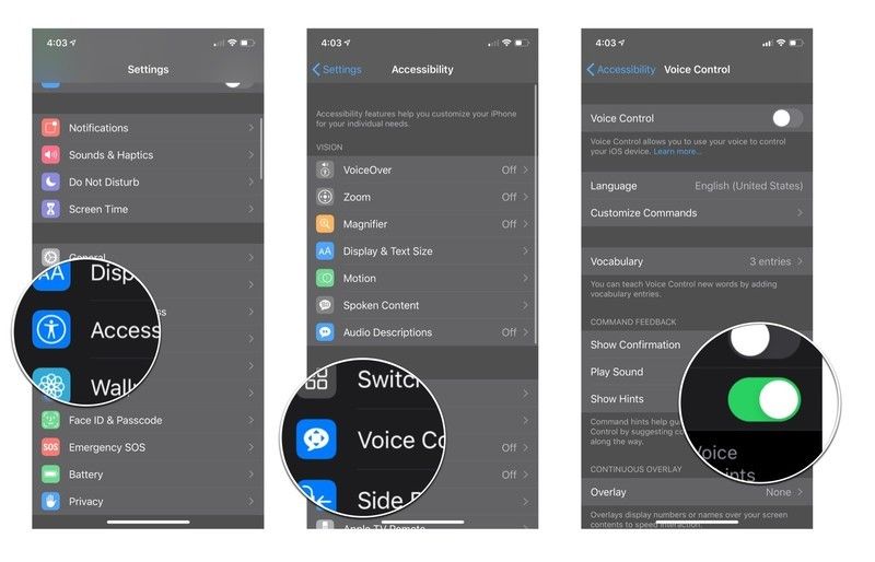 Запустите «Настройки», нажмите «Доступ», нажмите «Голосовое управление», а затем нажмите «Показать подсказки».