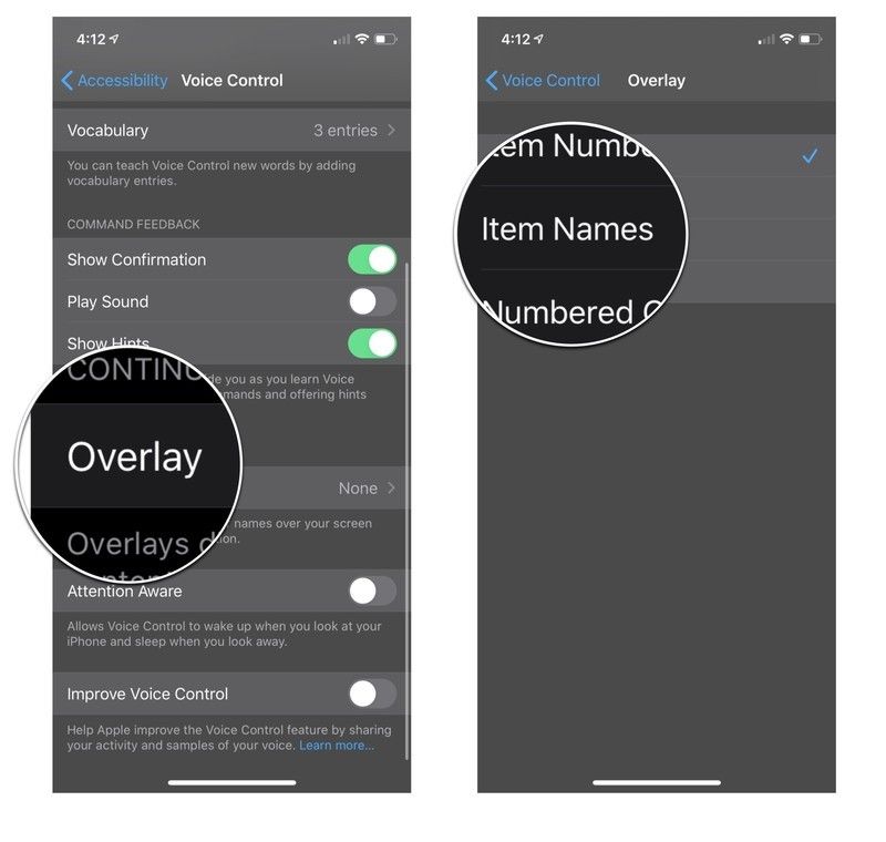 Нажмите наложение, а затем нажмите на название элемента