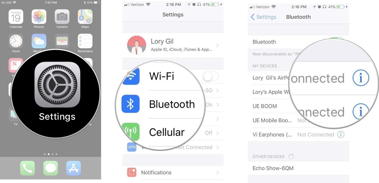 Нажмите «Настройки», затем нажмите «Bluetooth». Нажмите кнопку «Информация» рядом с AirPods.