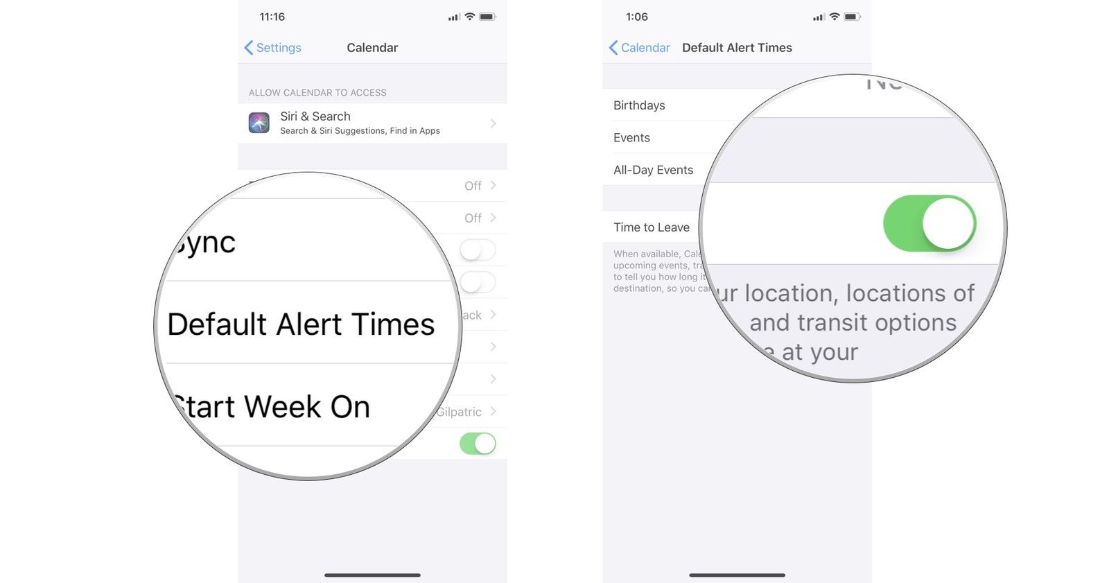 Нажмите «Уведомления о времени по умолчанию», затем включите «Время выхода»