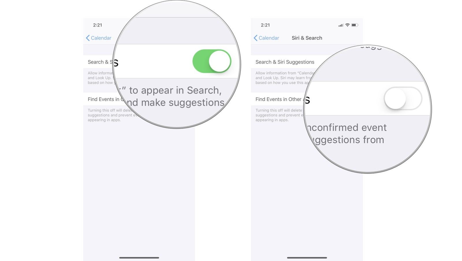Включите или выключите Siri и Поиск, затем включите или отключите Поиск событий в других приложениях