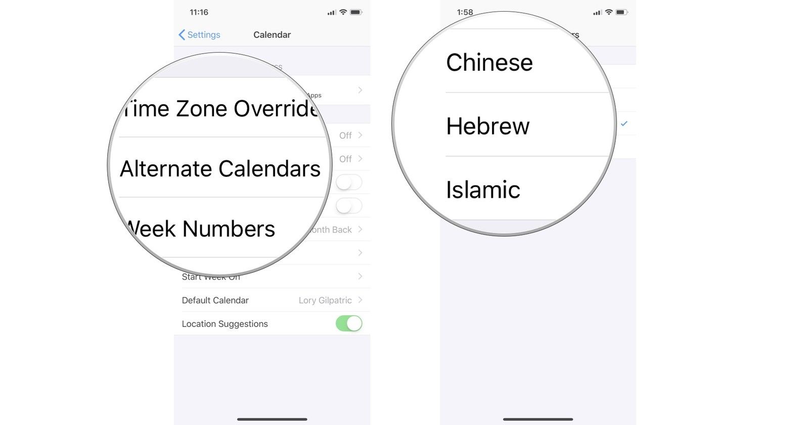 Нажмите Альтернативные календари, затем выберите календарь