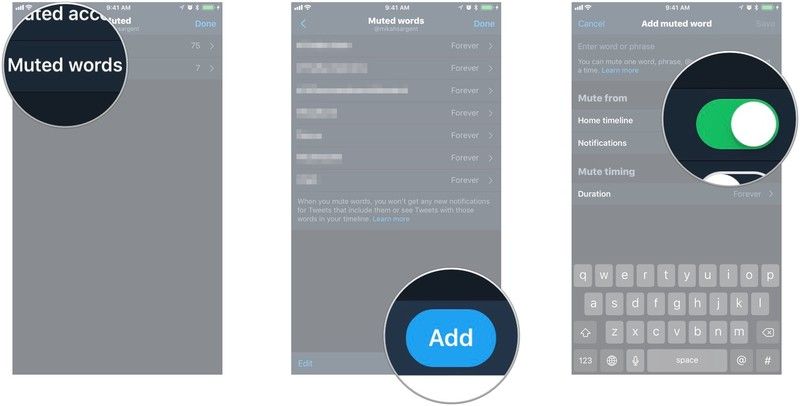 снимки экрана, на которых показаны вышеупомянутые шаги для отключения звука ключевых слов на временной шкале Twitter