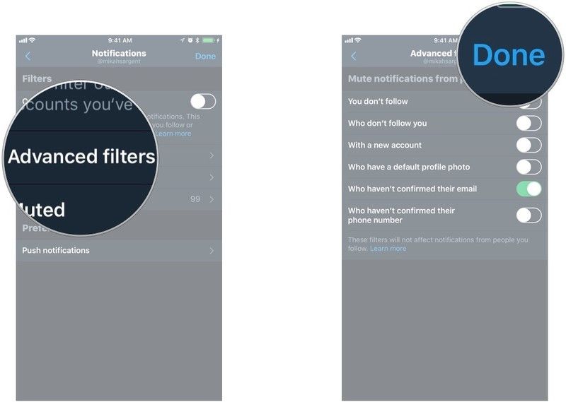 скриншоты с указанием вышеупомянутых шагов для настройки расширенных фильтров в Twitter