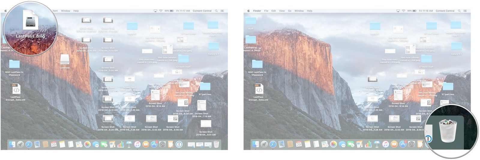 Нажмите и перетащите файл DMG в корзину. Нажмите на корзину.