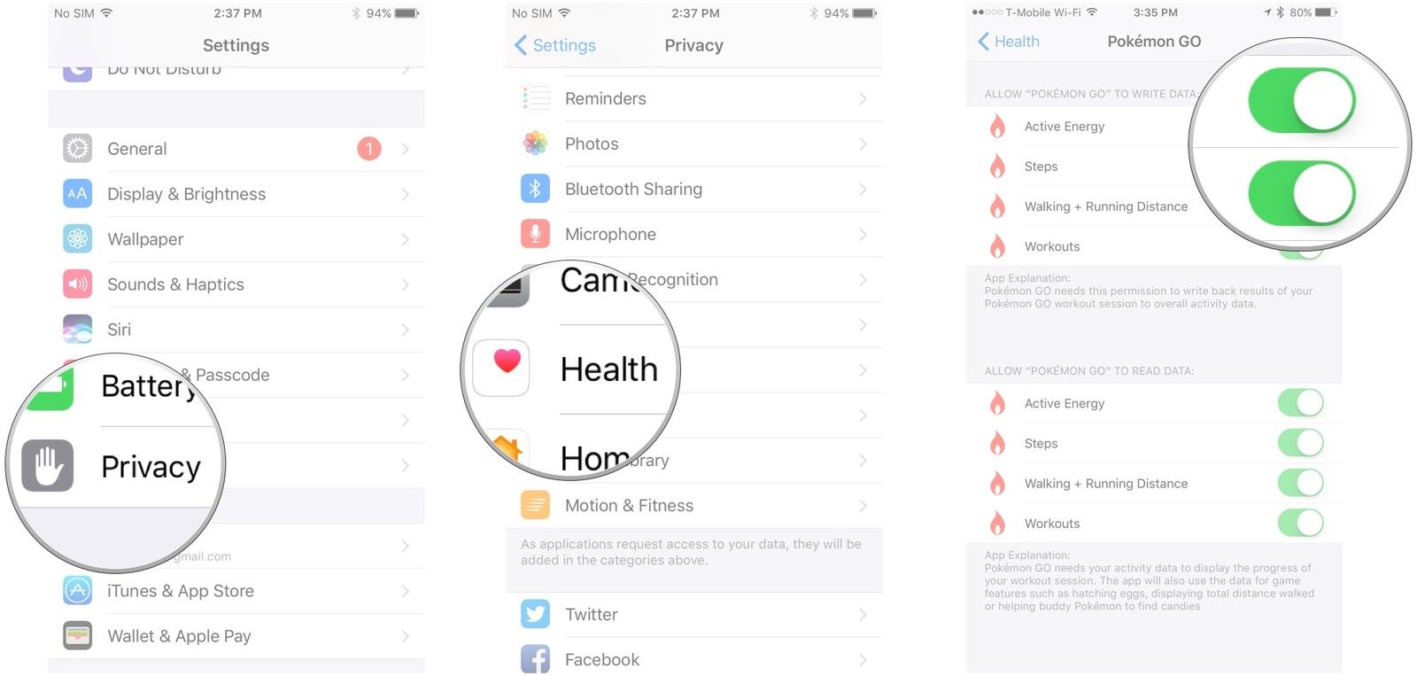 Запустите настройки, нажмите «Конфиденциальность», нажмите «Здоровье», нажмите «Pokémon Go», включите все настройки