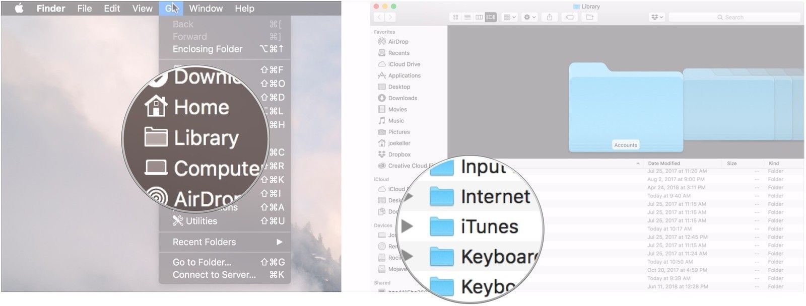 Удерживая Option, нажмите Библиотека, откройте папку iTunes