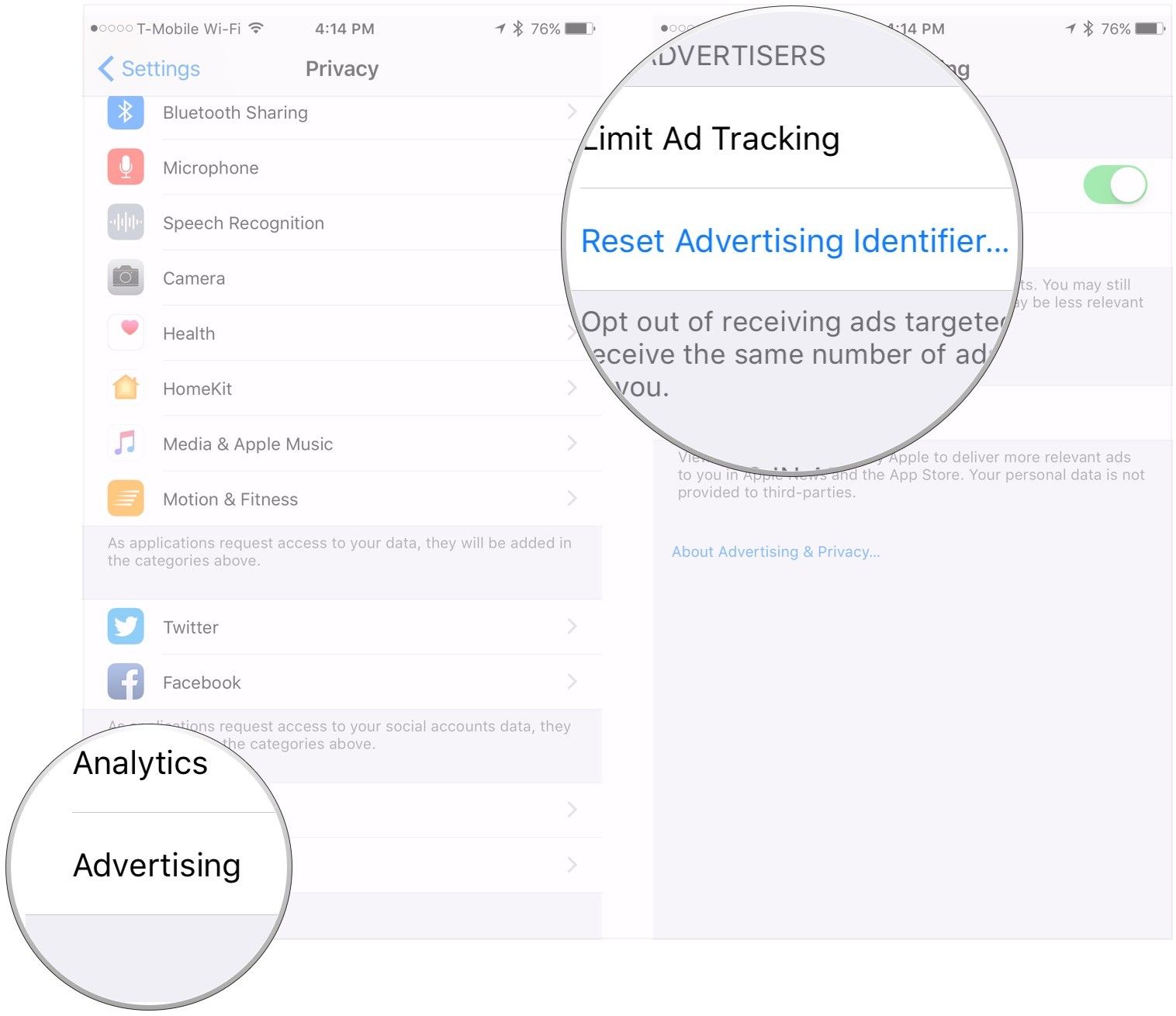 Нажмите Реклама, нажмите Сбросить идентификатор рекламы.