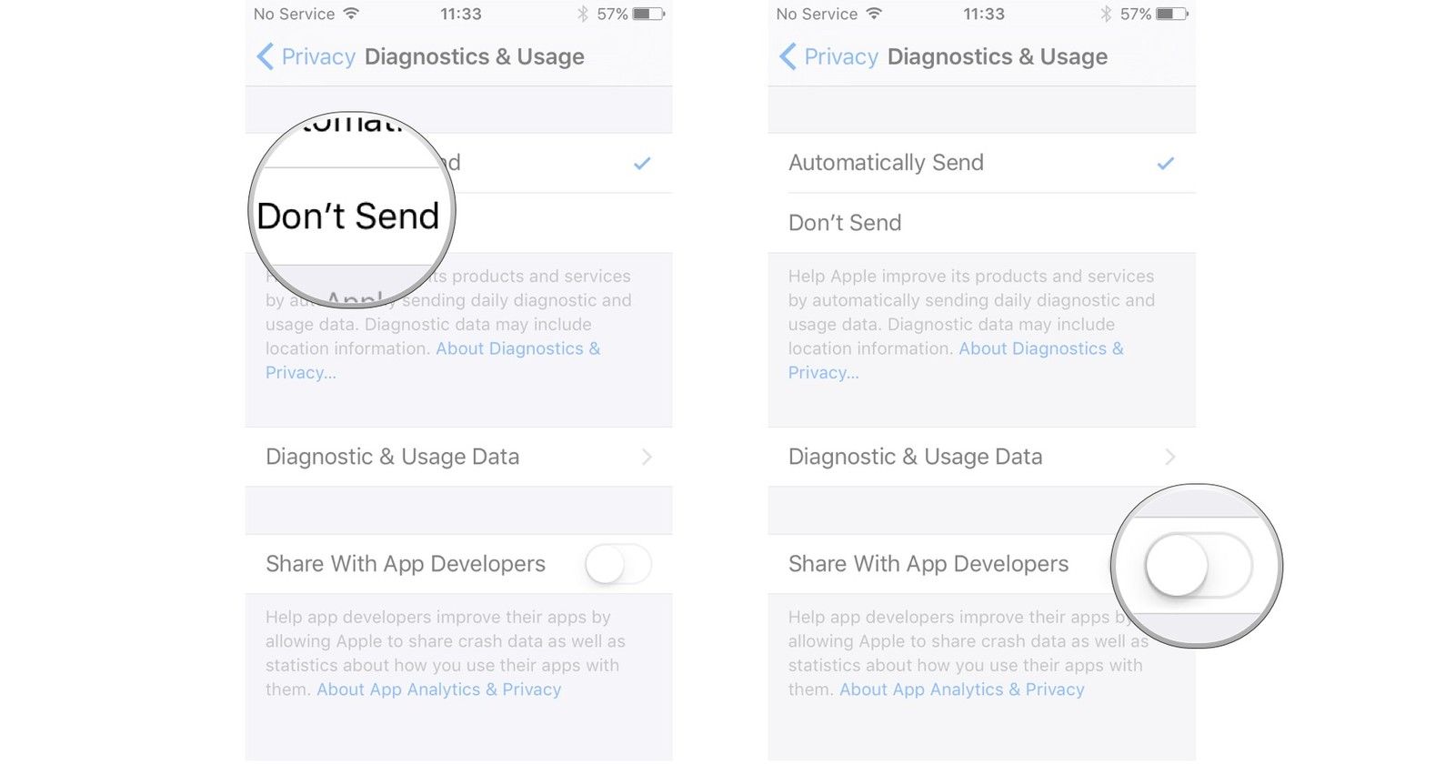 Нажмите Дон't Send, tap the switch if you want to send usage data to app developers
