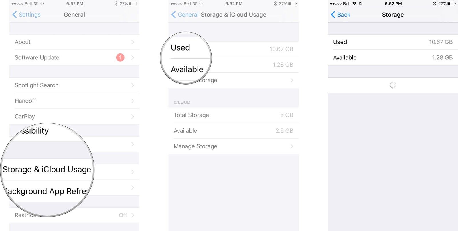 Нажмите «Хранение и использование iCloud». Вы можете увидеть хранилище в верхней части экрана
