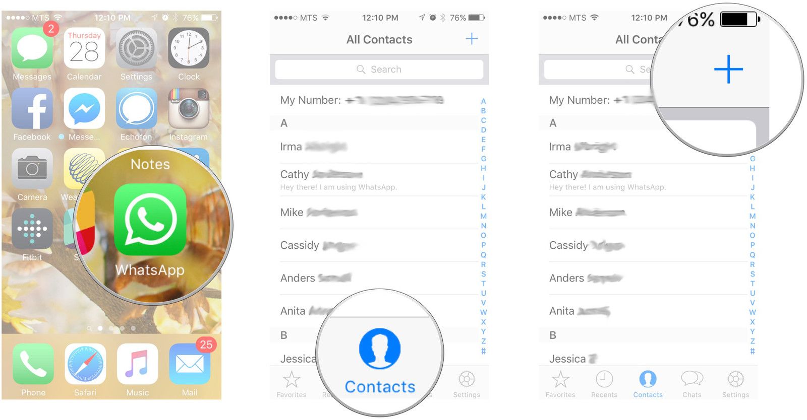 Запустите WhatsApp, нажмите на вкладку контактов и нажмите кнопку «Добавить».