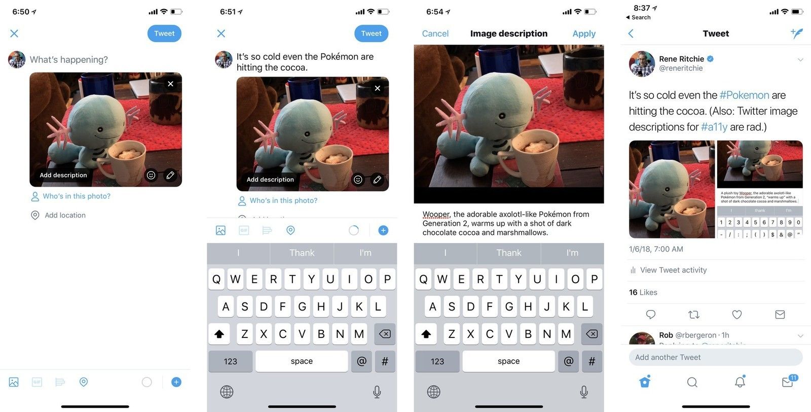 Скриншоты интерфейса Twitter для добавления описания к изображениям в твитах.