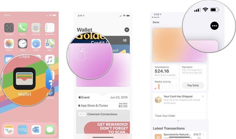 Откройте приложение «Кошелек», затем нажмите свою Apple Card, затем нажмите кнопку «Дополнительно».