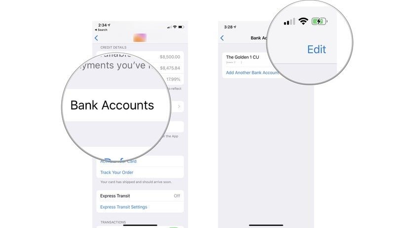 Нажмите «Банковские счета», затем нажмите «Изменить» в правом верхнем углу.