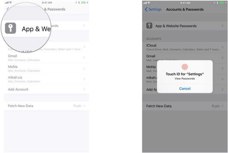Серия скриншотов, показывающая, как получить доступ к учетным записям и паролям в iOS