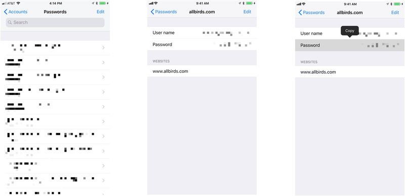 Серия скриншотов, показывающая, как получить доступ к учетным записям и паролям в iOS