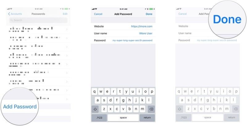 Серия скриншотов, показывающая, как добавить учетные записи и пароли в iOS