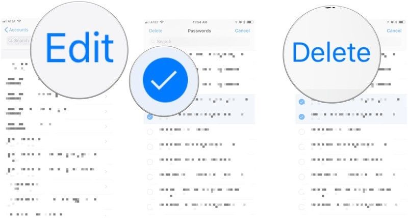 Серия скриншотов, показывающая, как удалять учетные записи и пароли в iOS